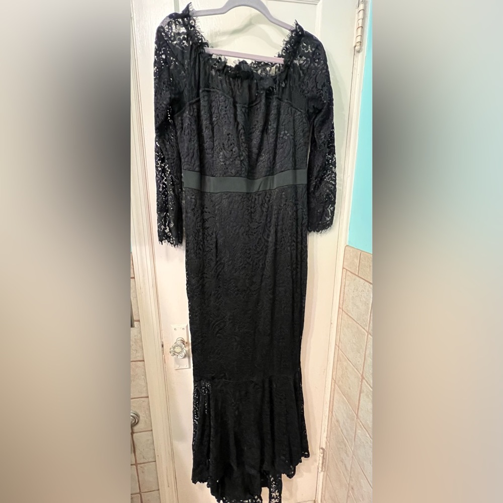Long black lace dress with short train